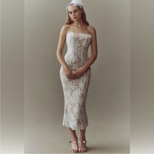 Strapless White Lace Midi Dress